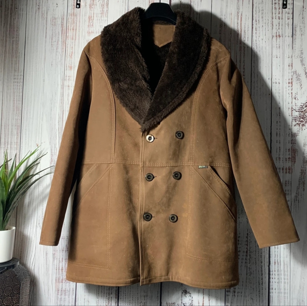 Vintage Shearling Coat Tan Suede With Dark Brown Faux Fur Collar